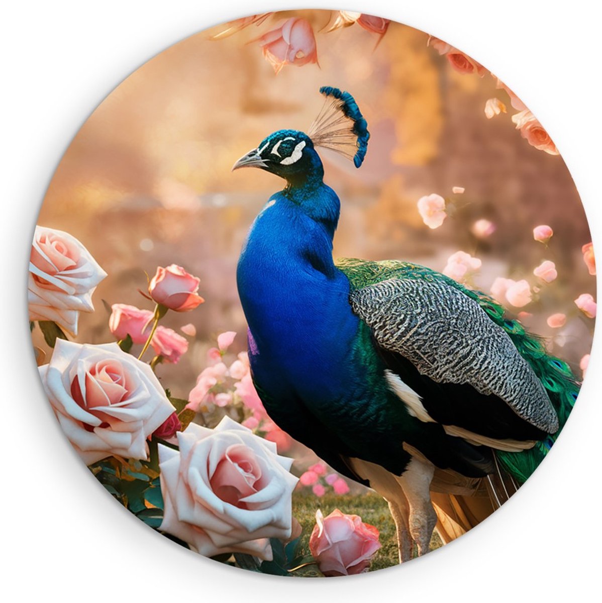 Saammp Forex Muurcirkel - Pauw bij roze Rozen - Dieren - Bloemen - Ø 50 - Wandcirkel - Wanddecoratie Cirkel - muurdecoratie Woonkamer - Slaapkamer decoratie - Rond Schilderij