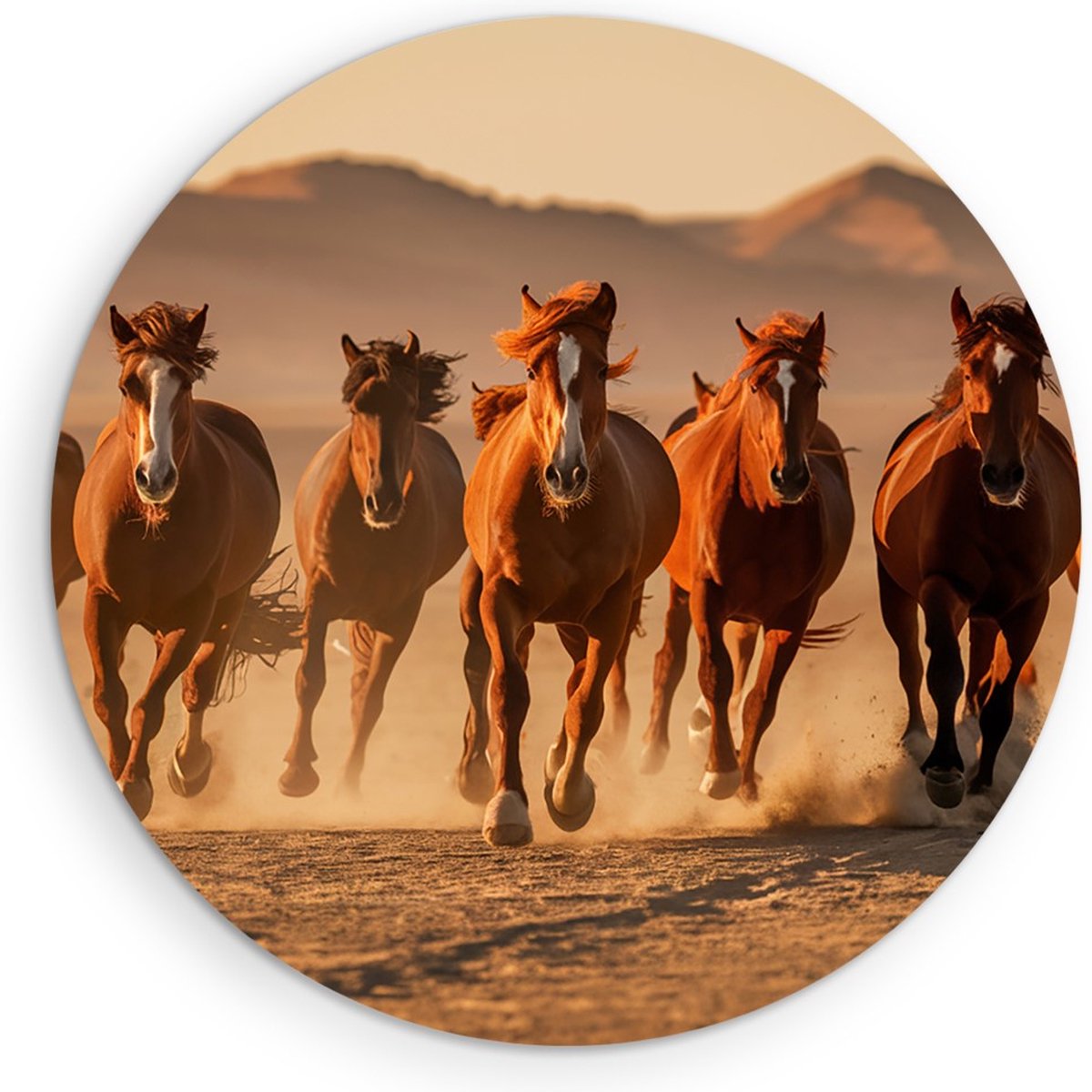 Saammp Forex Muurcirkel -Groep paarden in galop- Dieren - Natuur - Ø 40 - Wandcirkel - Wanddecoratie Cirkel - muurdecoratie Woonkamer - Slaapkamer decoratie - Rond Schilderij
