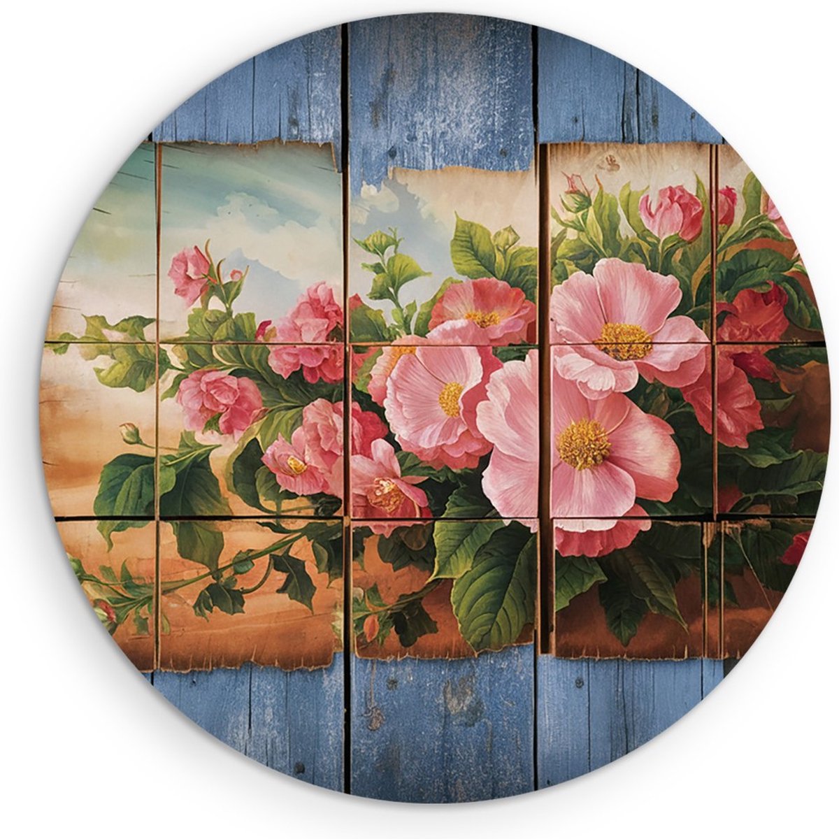 Saammp Forex Muurcirkel - Roze bloemen op hout - Abstract - Ø 90 - Wandcirkel - Wanddecoratie Cirkel - Muurdecoratie Woonkamer - Kantoor Decoratie