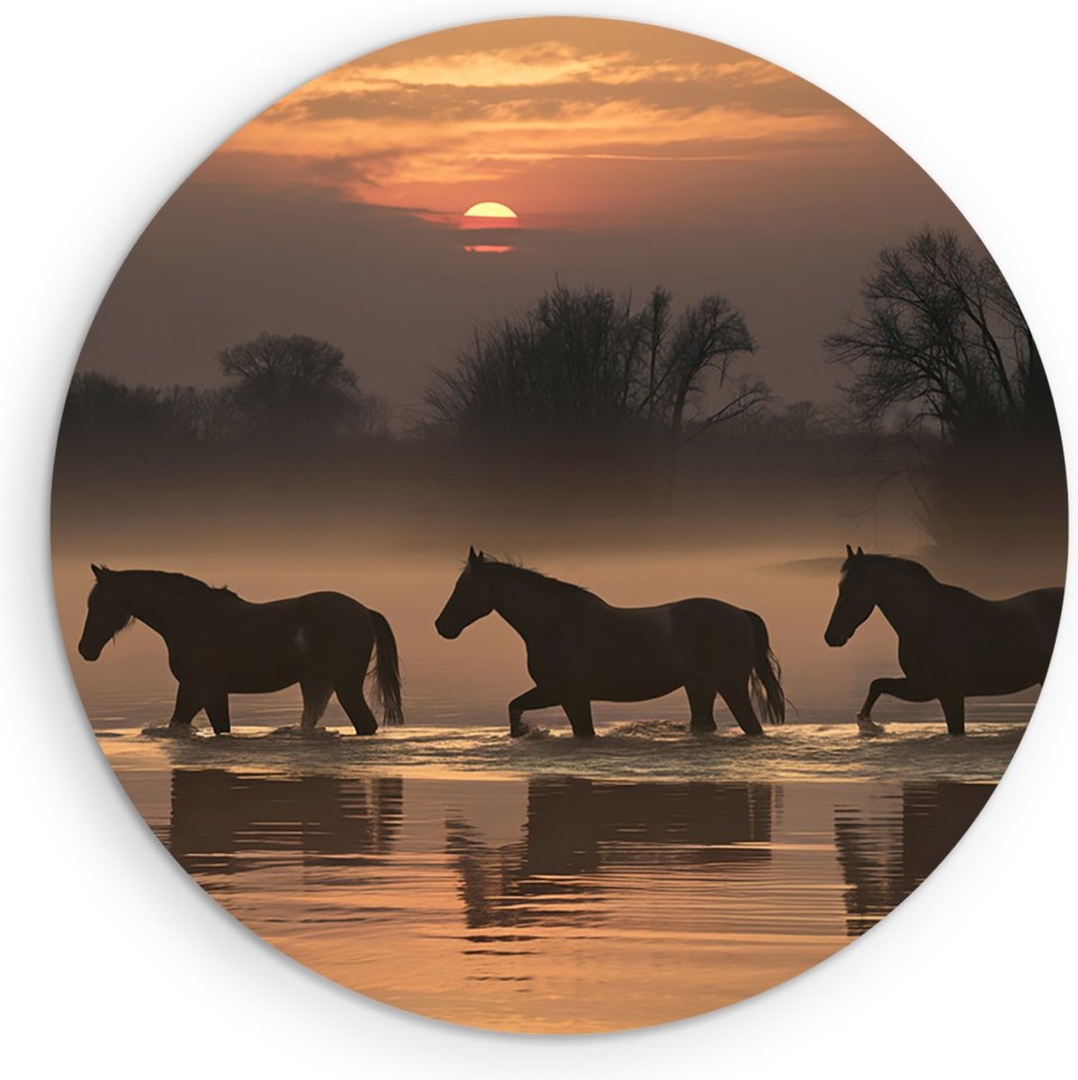 Saammp Forex Muurcirkel - Paarden in het water met zonsondergang - Natuur - Dieren - Ø 60 - Wandcirkel - Wanddecoratie Cirkel - Muurdecoratie Woonkamer - Slaapkamer decoratie - Rond Schilderij