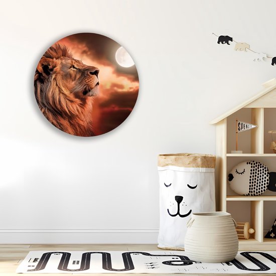 Saammp Forex Muurcirkel - Leeuw met de maan - Dieren - Natuur - Ø 90 - Wandcirkel - Wanddecoratie Cirkel - Muurdecoratie Woonkamer - Slaapkamer decoratie - Rond Schilderij