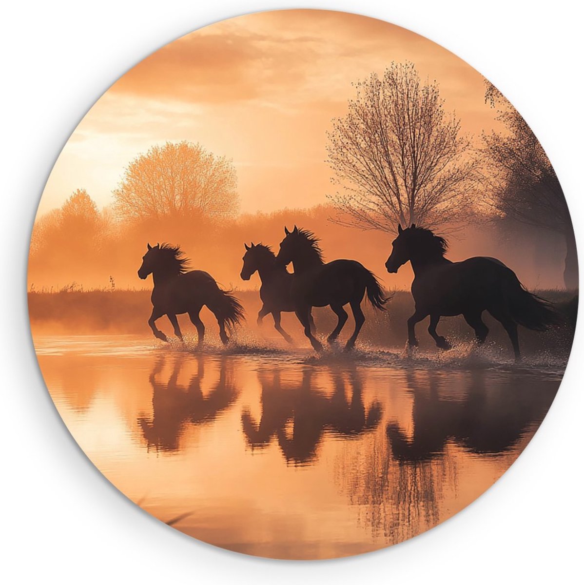 Saammp Muurcirkel Hout - Paarden in zonsondergang - Natuur - Dieren - Ø 60 - Wandcirkel - Wanddecoratie Cirkel - Muurdecoratie Woonkamer - Slaapkamer decoratie - Rond Schilderij