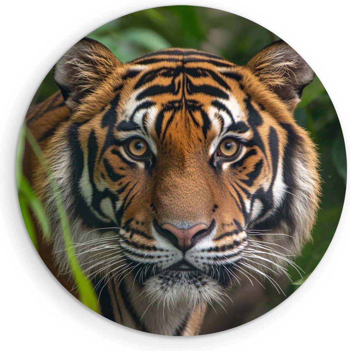 Saammp Forex Muurcirkel - Jonge Tijger tussen de bladeren - Natuur - Dieren - Ø 80 - Wandcirkel - Wanddecoratie Cirkel - muurdecoratie Woonkamer - Slaapkamer decoratie - Rond Schilderij