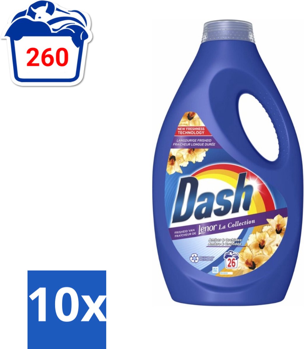 Dash - Lenor Collectie - Vloeibaar Wasmiddel - Witte en Gekleurde Was - Amber & Orchidee - 26 Wasbeurten - Bulkverpakking - 10 stuks