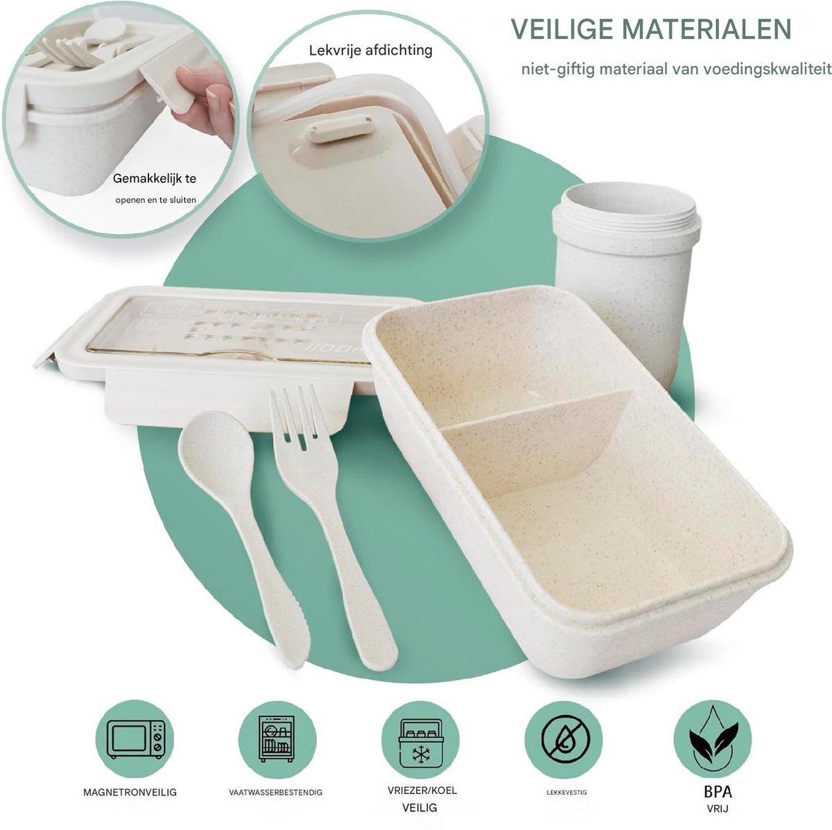 2 stuks - Bento Box Met Bestek - 1100ml - Inclusief Geïsoleerde Tas - BPA-vrij - Lekvrije Lunchbox - Herbruikbare Voedselcontainer - Compact en Lichtgewicht — cadeau in Koken & Dineren - foto 8