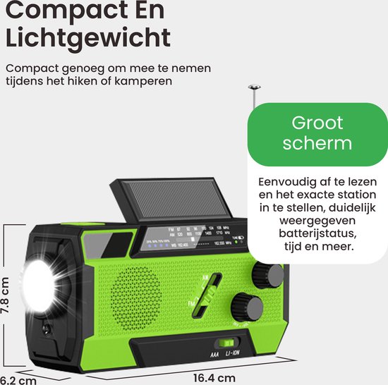 NaturaNex Noodradio Solar Opwindbaar Radio - Powerbank 4000mAh Zonneenergie - Ingebouwde Kabels - Dynamo / Zonnepaneel - Noodpakket - Zaklamp Opwindbaar - Survival Kit - FM - AM