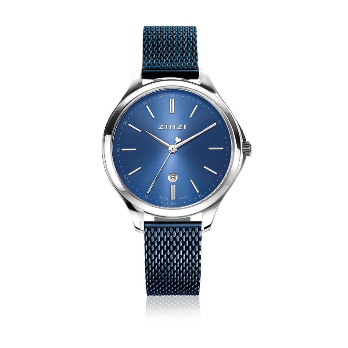 ZINZI Classy horloge 34mm blauwe wijzerplaat stalen kast en blauwe mesh band datum ZIW1042BM
