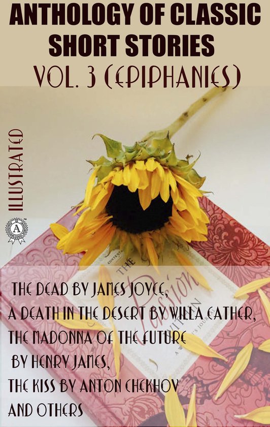Anthologie van klassieke korte verhalen, deel 3 (Epifanieën). Illustratie met een zonnebloem en blaadjes op een boek.
