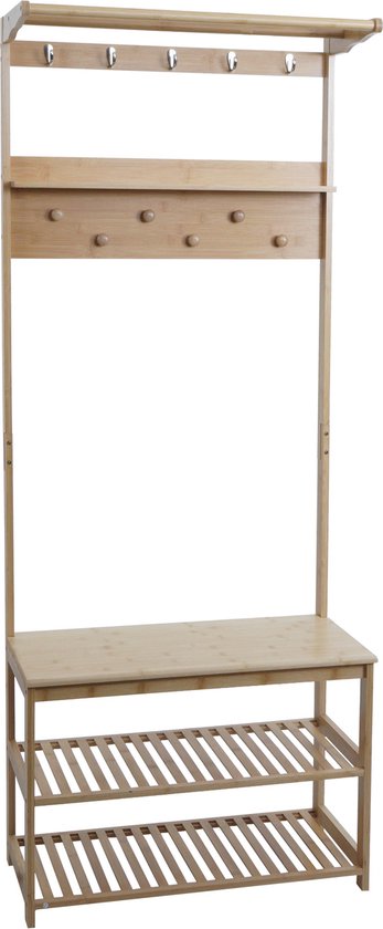 Lichte bamboe kapstok met hoedenrek, plank met zes haken, zitbank en twee schoenenrekken.