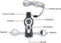 Zwarte survival fluit met kompas, vergrootglas, spiegel, thermometer, LED-licht en opbergvak.
