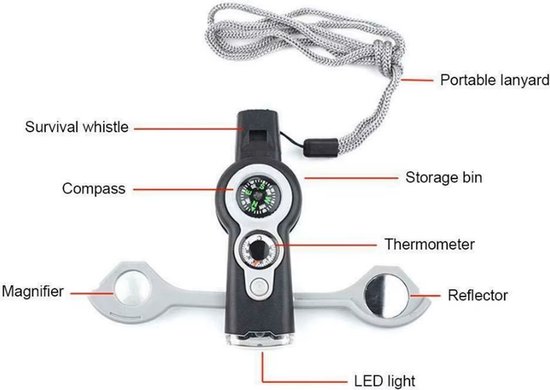 Zwarte survival fluit met kompas, vergrootglas, spiegel, thermometer, LED-licht en opbergvak.