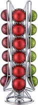 Detailopname van een zilverkleurige capsulehouder met 24 rode en groene Nespresso Vertuo cups, 11.5 cm breed en 39 cm hoog.