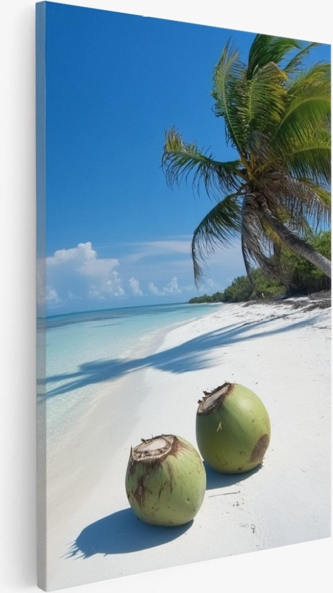 Saammp Canvas Schilderij - Strand met kokosnoten - Zee - 30x40 - Foto op canvas - Wanddecoratie - muurdecoratie Woonkamer - Slaapkamer decoratie - Canvas Print Multicolor