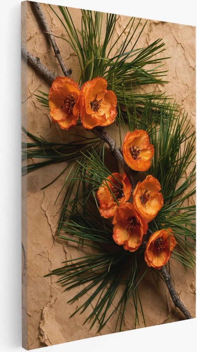 Saammp Canvas Schilderij - Planten - Oranje bloemen bij steen - 80x120 - Foto op canvas - Wanddecoratie - Muurdecoratie Woonkamer - Kantoor Decoratie Multicolor
