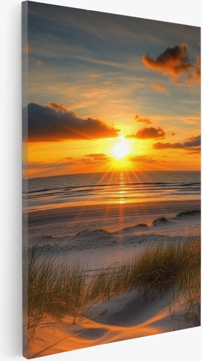 Saammp Canvas Schilderij - Strand met zonsondergang - Zee - Duinen - 30x45 - Foto op canvas - Wanddecoratie - muurdecoratie Woonkamer - Slaapkamer decoratie - Canvas Print Multicolor