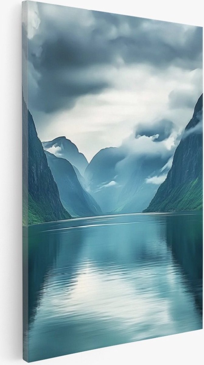 Saammp Canvas Schilderij - Fjorden met mist - Landschap - Natuur - 30x45 - Foto op canvas - Wanddecoratie - Muurdecoratie Woonkamer - Slaapkamer decoratie - Canvas Print Multicolor
