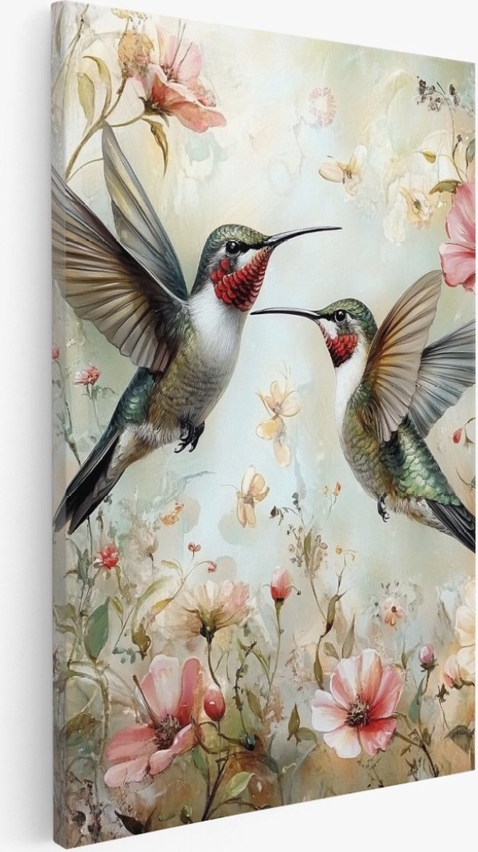 Saammp Canvas Schilderij - 2 kolibries - Natuur - Dieren - 40x50 - Foto op canvas - Wanddecoratie - Muurdecoratie Woonkamer - Slaapkamer decoratie - Canvas Print Multicolor