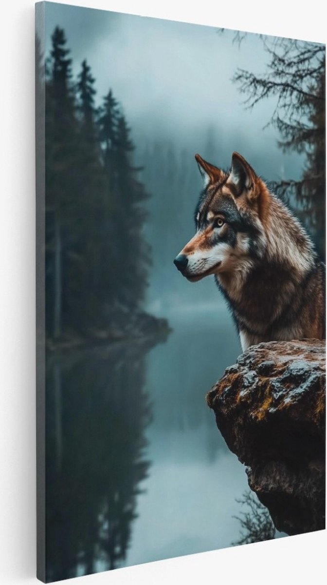 Saammp Canvas Schilderij - Wolf bij een meer - Dieren - Natuur - 100x150 - Foto op canvas - Wanddecoratie - Muurdecoratie Woonkamer - Slaapkamer decoratie - Canvas Print Multicolor