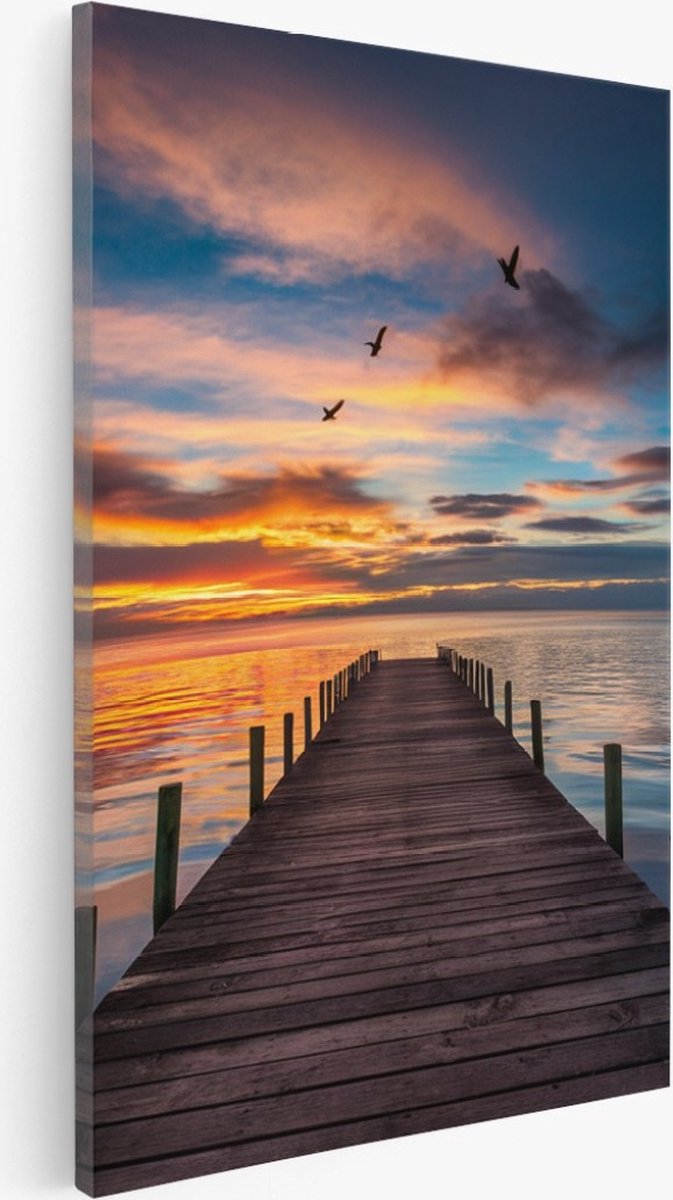 Saammp Canvas Schilderij - Steiger bij zonsondergang - landschap - Natuur - 80x120 - Foto op canvas - Wanddecoratie - Muurdecoratie Woonkamer - Slaapkamer decoratie - Canvas Print Multicolor