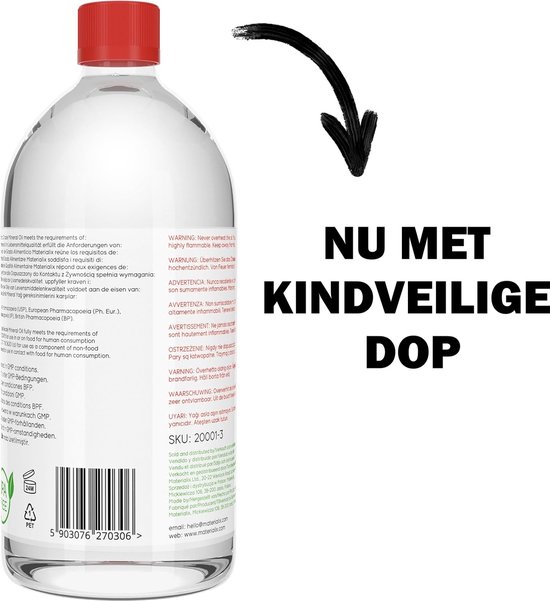 Fles Materialix Minerale Olie voor Hout en Bamboe Snijplanken – Voedselveilig – 1000ml met waarschuwing 'NU MET KINDVEILIGE DOP'.