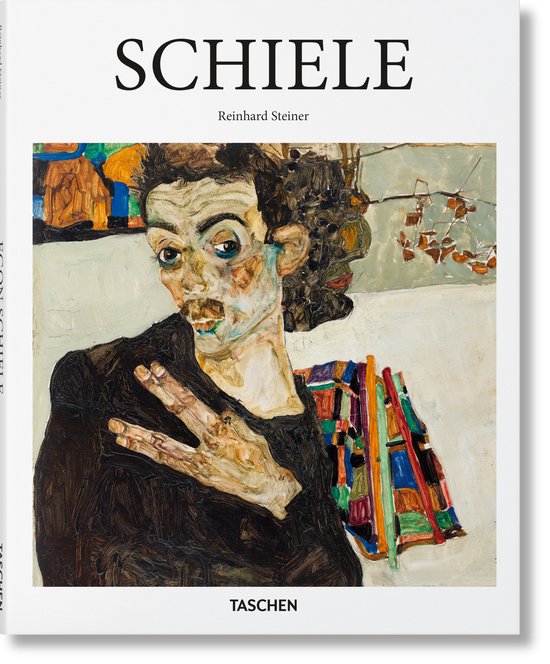 Couverture du livre 'Schiele' avec une peinture d'un homme aux yeux expressifs bordés de bleu, faisant un signe de paix. Fond avec des motifs colorés.