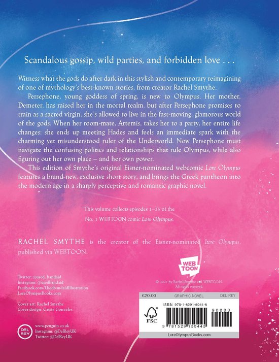 Achterkant van de 'Lore Olympus' graphic novel. Bevat een samenvatting en informatie over de auteur, Rachel Smythe.