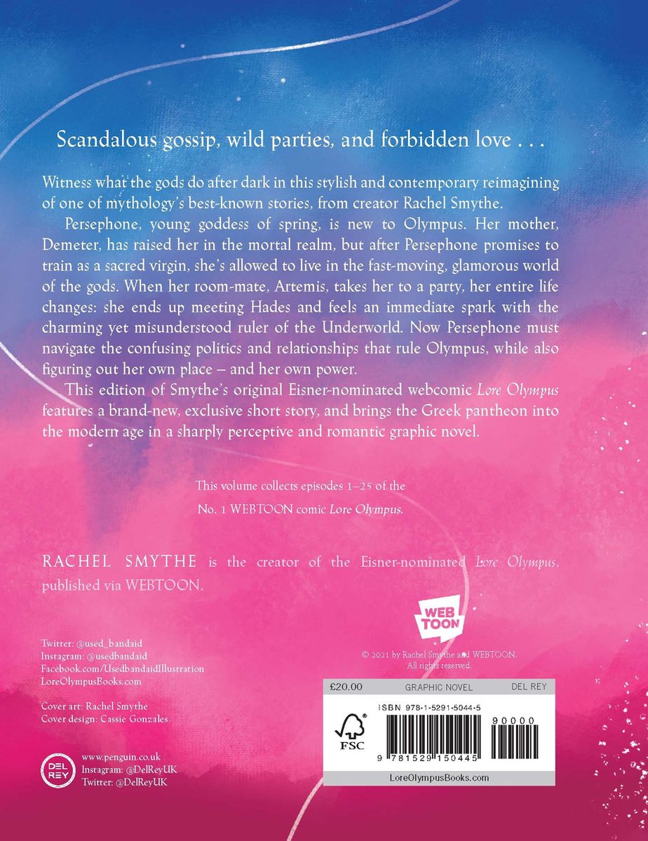 Achterkant van de 'Lore Olympus' graphic novel. Bevat een samenvatting en informatie over de auteur, Rachel Smythe.