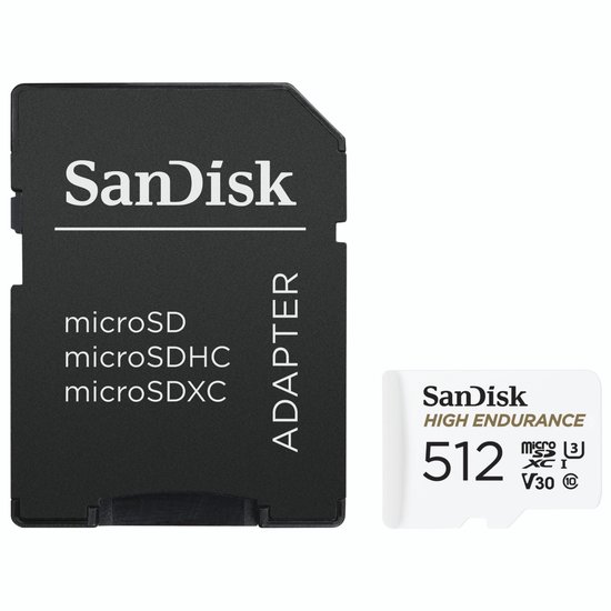SanDisk microSDXC-kaart met adapter. De witte kaart heeft "HIGH ENDURANCE 512" erop.