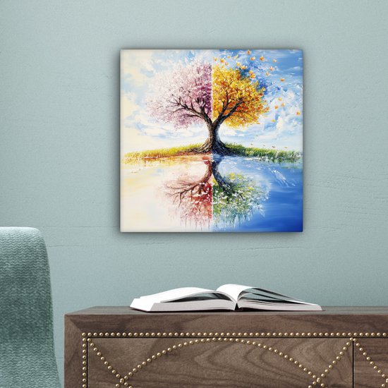 Tableau sur toile 20x20 cm - Décoration murale Arbre - Art - Saisons - Printemps - Automne - Décoration murale salon - Décoration chambre - Accessoires chambre - Peintures sur toile