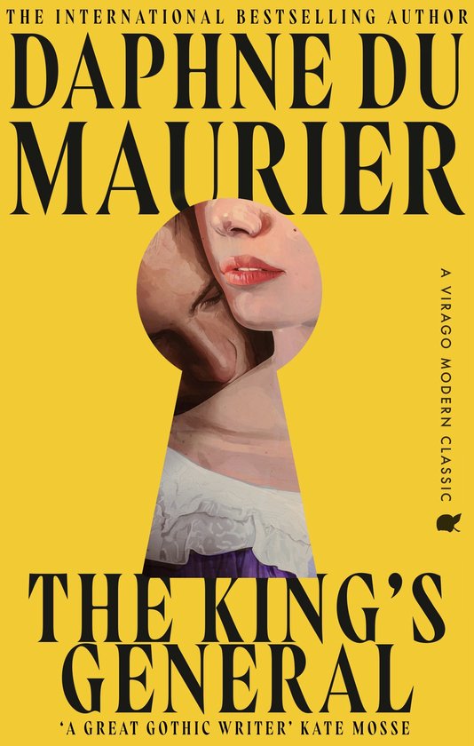 Boekomslag van 'The King's General' van Daphne Du Maurier. Gele achtergrond met een afbeelding van twee gezichten die door een sleutelgat kijken. Tekst in zwarte letters.