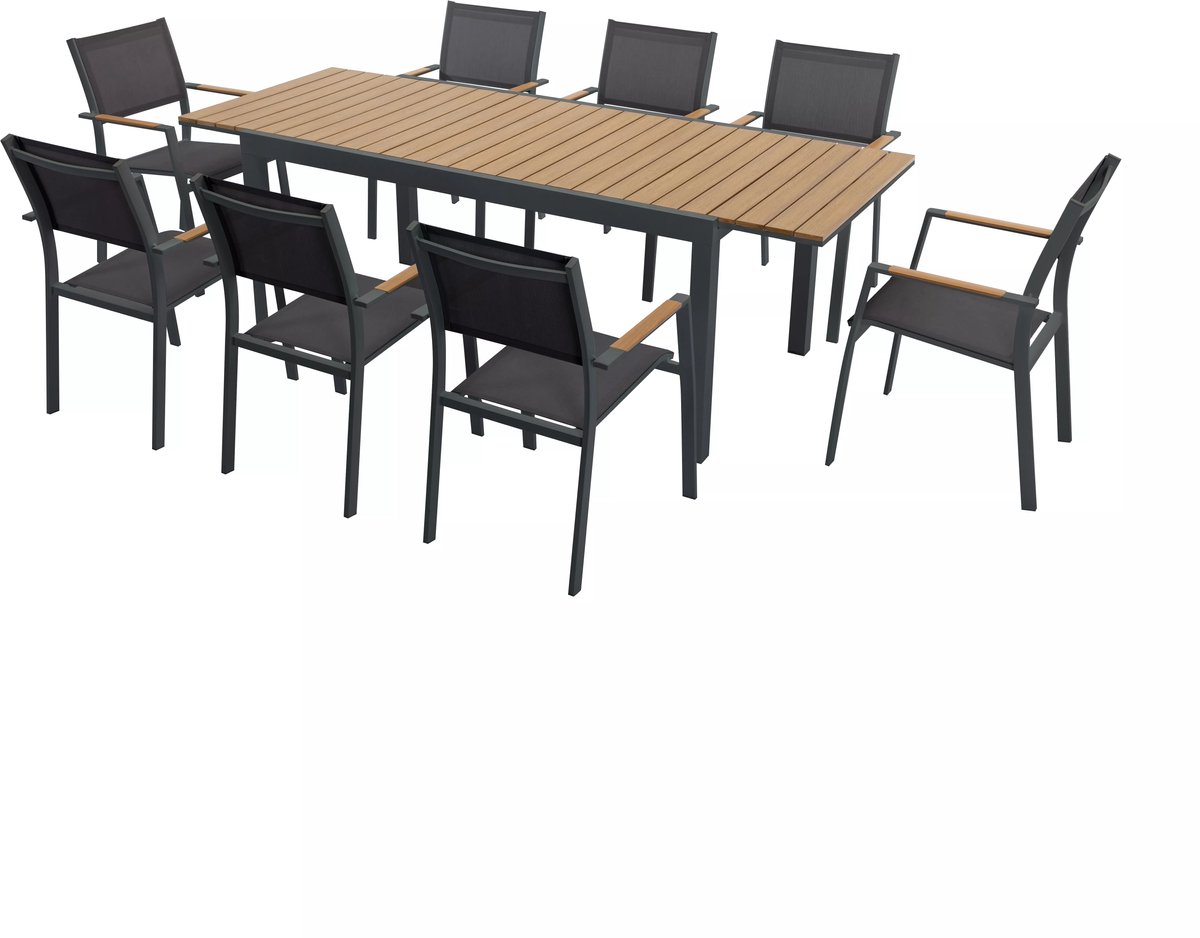 Tuinset met verlengbare aluminium tafel en 8 opstapelbare fauteuils - Licht naturel en antraciet
