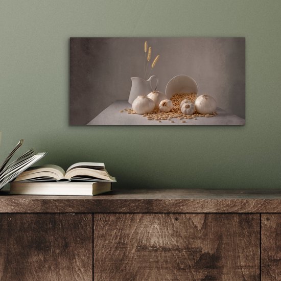 Aluminium schilderij 40x20 cm - Wanddecoratie metaal - Uien - Stilleven - Wit - Beige - Metalen muurdecoratie woonkamer - Decoratie industrieel - Foto op dibond - Industriële accessoires slaapkamer