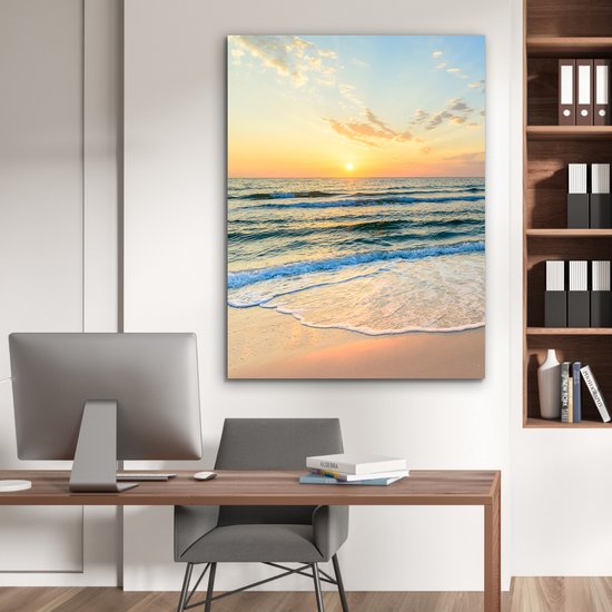 Peinture aluminium 90x120 cm - Décoration murale métal - Plage - Mer - Coucher de soleil - Vague - Décoration murale métallique salon - Décoration industrielle - Photo sur dibond - Accessoires industriels chambre à coucher