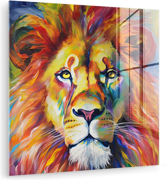 MuchoWow® Peinture sur verre 90x90 cm - Peinture sur verre - Lion - Peinture à l'huile - Art - Animaux - Photo sur verre acrylique - Peintures