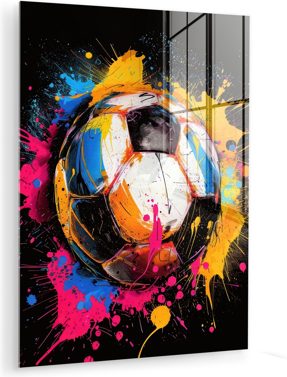 MuchoWow® Glasschilderij 60x80 cm - Schilderij acrylglas - Graffiti - Sport - Voetbal - Verf - Bal - Foto op glas - Muurdecoratie woonkamer - Wanddecoratie slaapkamer - Schilderijen
