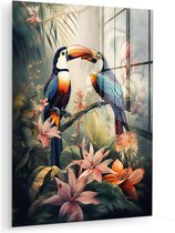 MuchoWow® Glasschilderij 30x40 cm - Schilderij acrylglas - Toekan - Vogels - Bloemen - Natuur - Jungle - Foto op glas - Muurdecoratie woonkamer - Wanddecoratie slaapkamer - Schilderijen
