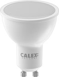 Witte Calex GU10 lamp met 'CALEX HOLLAND' logo en metalen pinnen.
