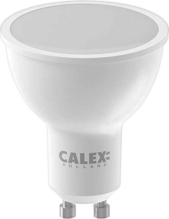 Witte Calex GU10 lamp met 'CALEX HOLLAND' logo en metalen pinnen.