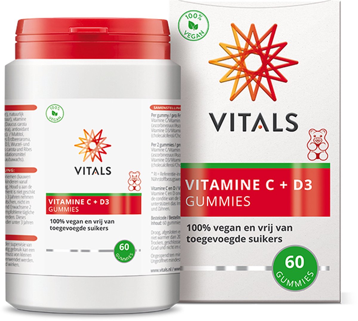 Goedkoopste Vitals Vitamine C D3 gummies - 60 gummibeertjes. 100 vegan en vrij van toegevoegde suikers.