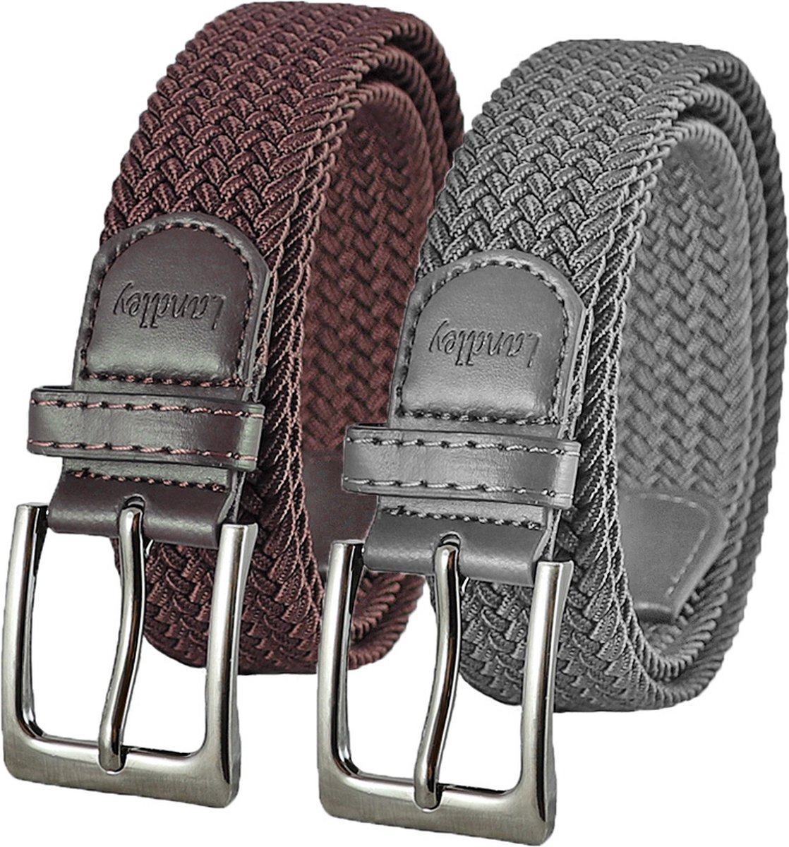 Landley Elastische Gevlochten Stretch Riemen Duopack - Voordeelset met 2 riemen - Dames en Heren - Bruin en Grijs - Lengte totaal 110 cm / Riemmaat 95