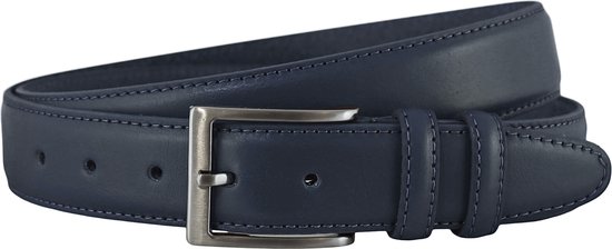 Donkerblauwe leren pantalonriem van 3,5 cm breed met een geborstelde gesp.
