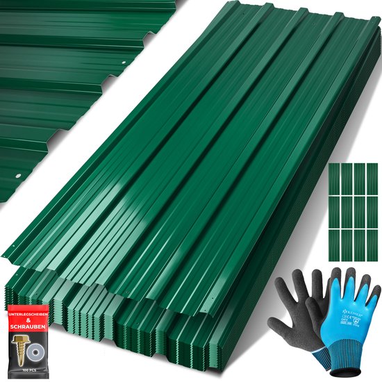 KESSER® Dakplaten Metaal 12 Stuks | Dakpanelen 129x45cm = 7m² | Weerbestendig, UV-bestendig, Roestvrij en Met Waterafvoergroeven | Golfplaten - Dakbedekking en Wandbekleding voor Schuren, Carports, Garages & Tuinhuisjes - Groen