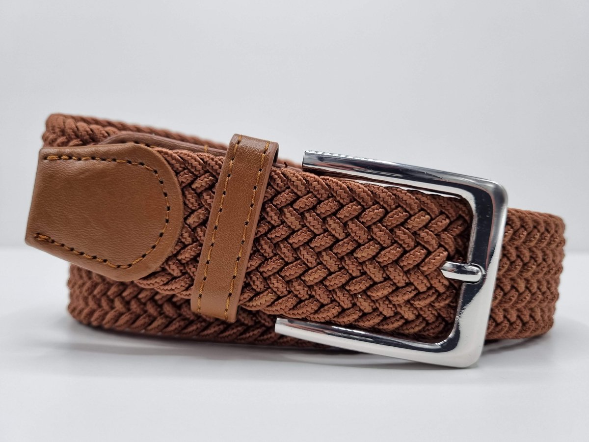 Elastische riem - gevlochten broekriem - dames en heren riemen - kleur Lichtbruin 120 cm