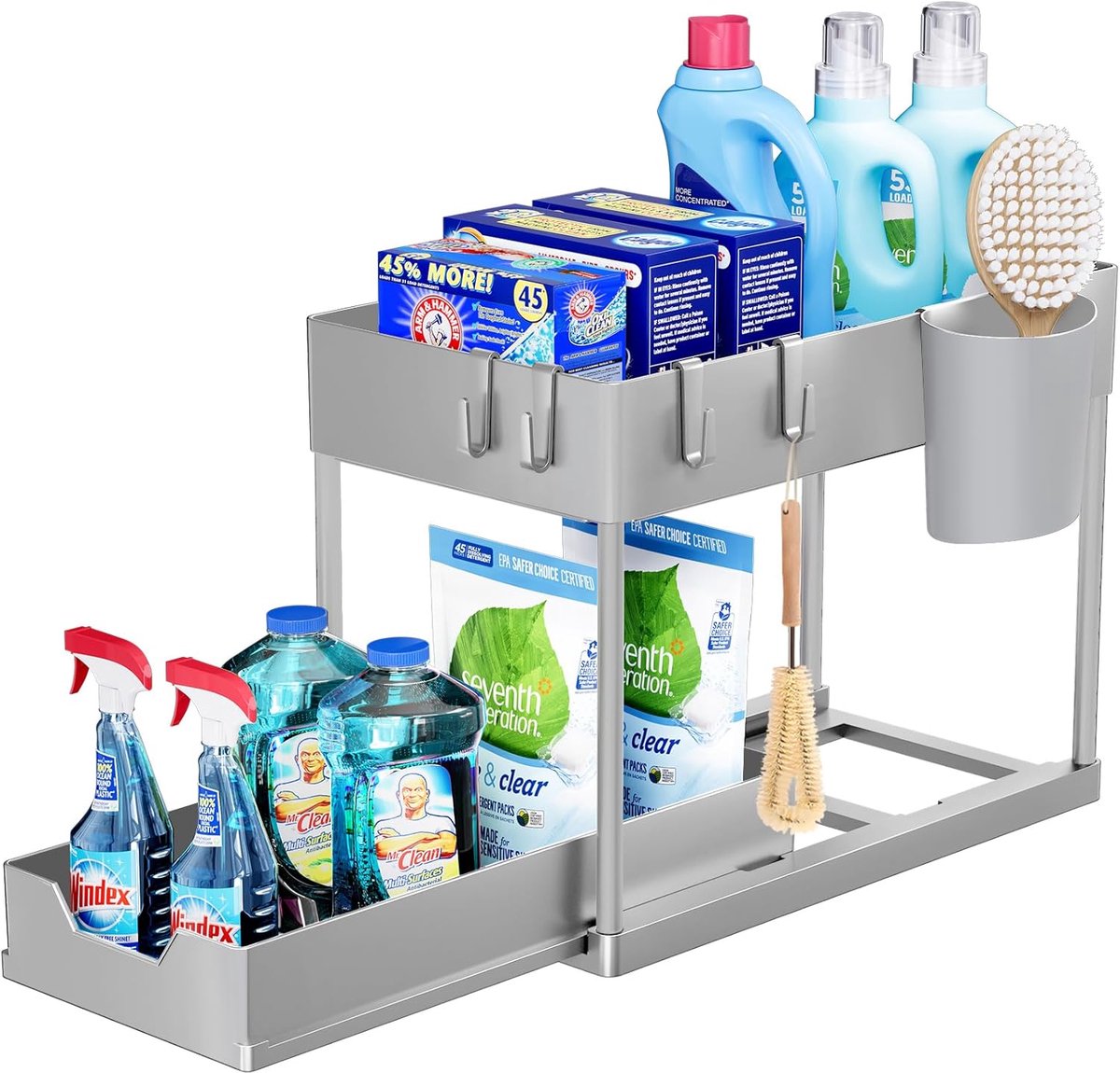 Famanu - Opbergrek voor onder de gootsteen, keukenopberger, 2 niveaus, met uitschuiflade, multifunctioneel opbergrek voor badkamer, aanrecht, wasruimte, Grijs