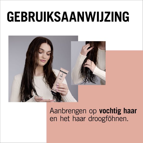 Vrouw brengt Taft Gliss Straightening Cream aan op vochtig haar. Tekst: Gebruiksaanwijzing. Brengen op vochtig haar en het haar droog föhnen.
