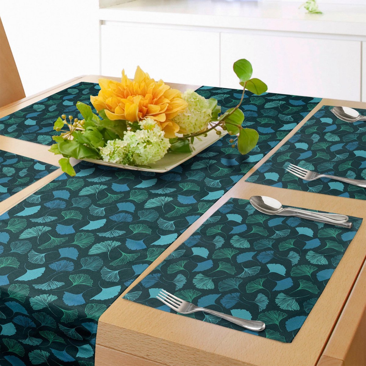 My Ninki ® Exclusieve Tafelloperset met Tropische Ginkgo-Print voor Stijlvolle Tafeldecoratie in Aqua Groenblauw