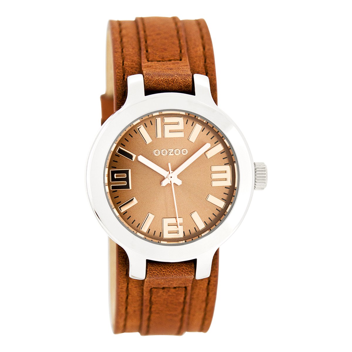 OOZOO Timepieces - Zilverkleurige horloge met terra leren band - C8706