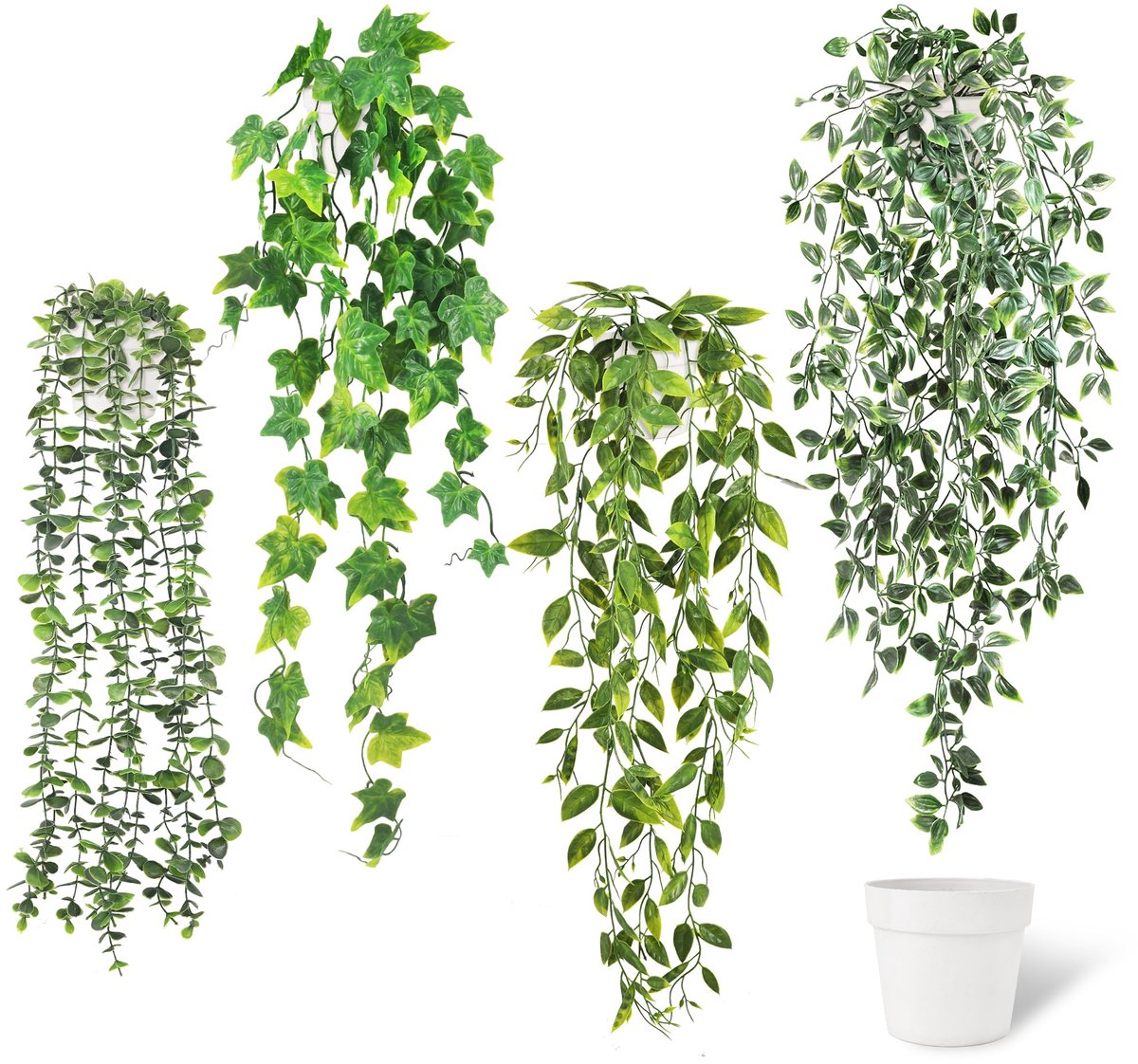 My Ninki ® Realistische Kunsthangplanten Set van 4 met Witte Potten voor Binnen en Buiten Decoratie groen