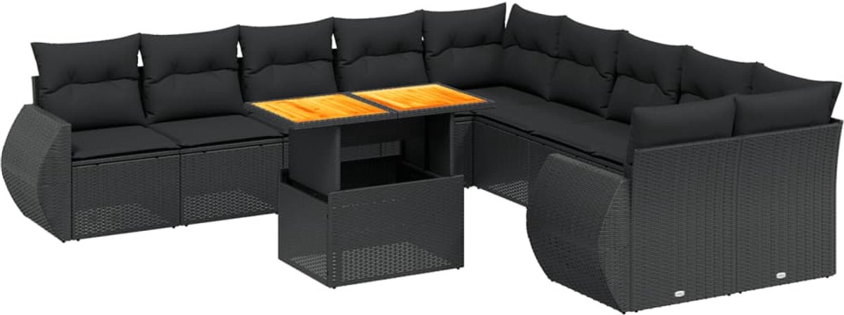 The Living Store 11-delige Loungeset met kussens poly rattan zwart - Loungeset - Tuinset - Buitendecoratie - Loungehoek - PE-rattan
