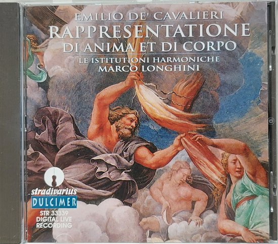 Cd-hoes met schilderij van mythologische figuren, met tekst "EMILIO DE' CAVALIERI RAPPRESENTATIONE DI ANIMA ET DI CORPO"